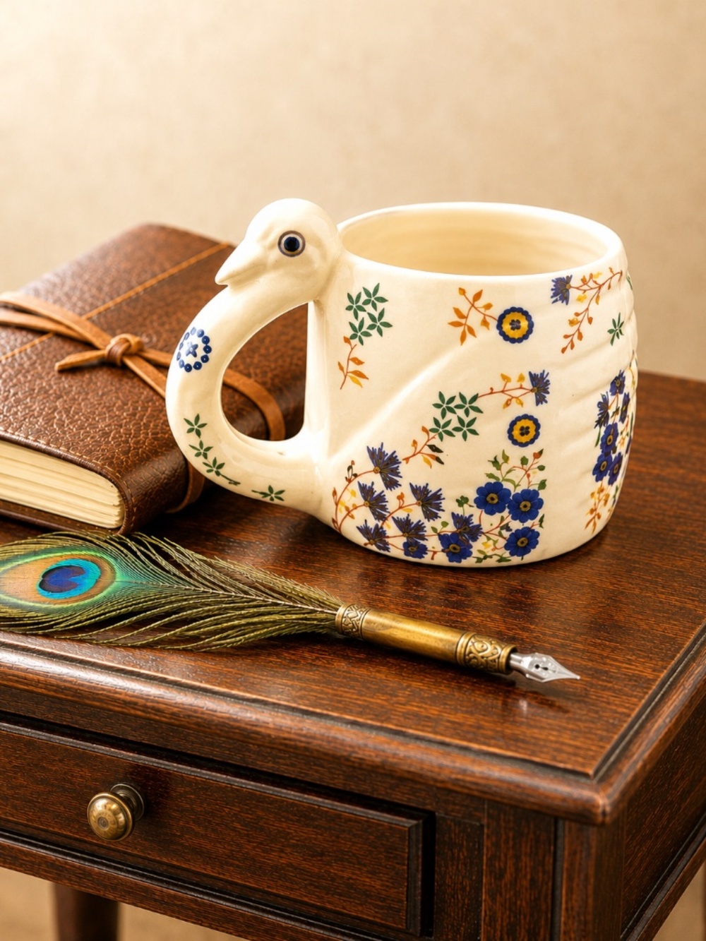 Anthropologie Peacock Swan Ceramic Mug – Floral Bird Handle Coffee Cup – Rare